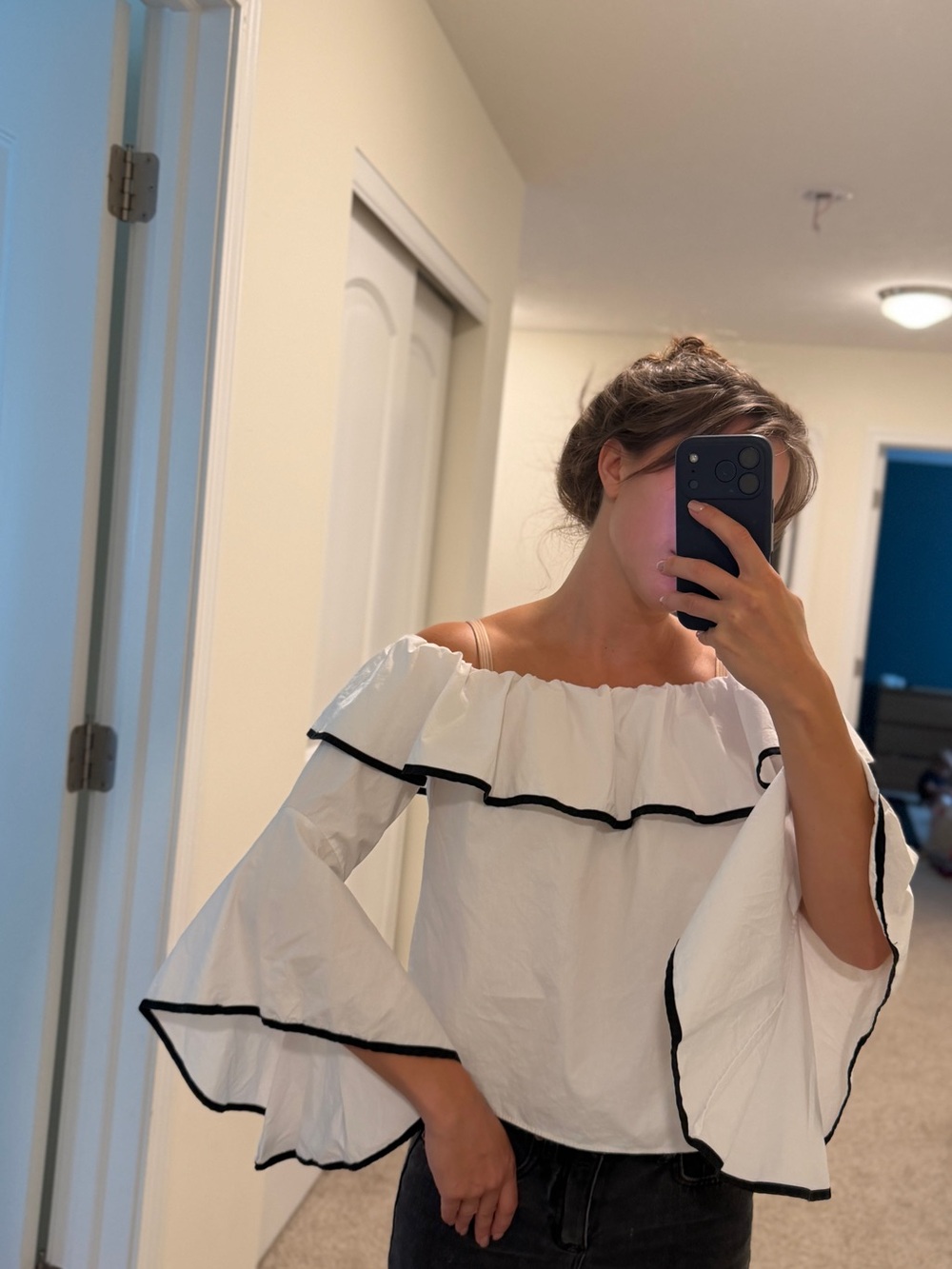 Forever 21 White Off-Shoulder Ruffle Top with Black Trim